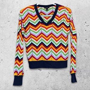 Halogen Sweater Lightweight Soft Knit‎ V-Neck Vibrant Zigzag Print Multicolor XS